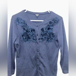 3/4 length sleeves, Blue Cardigan by Rafaella with Floral Accents